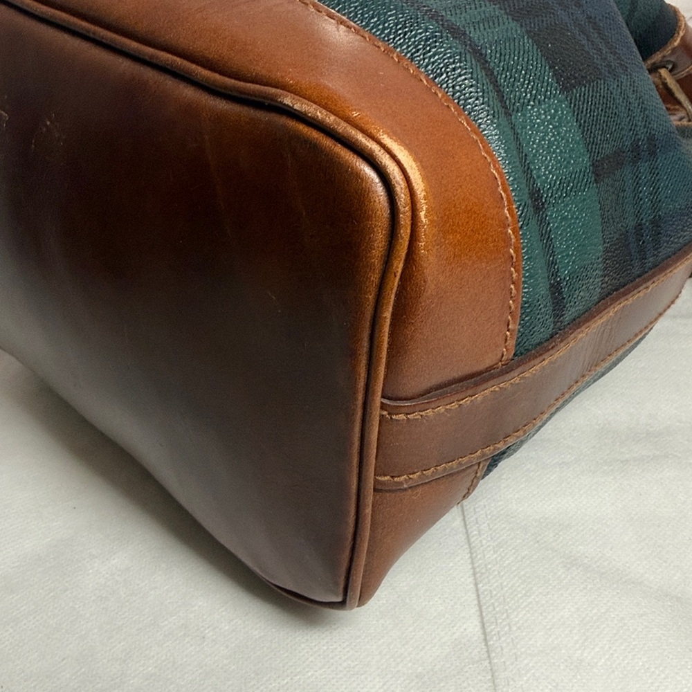 Vintage Polo Rally Lauren Plaid Brown Leather Crossbody Bucket Bag w/Luggage Tag - Picture 11 of 15